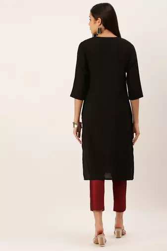women's calf length round neck black solid straight kurta