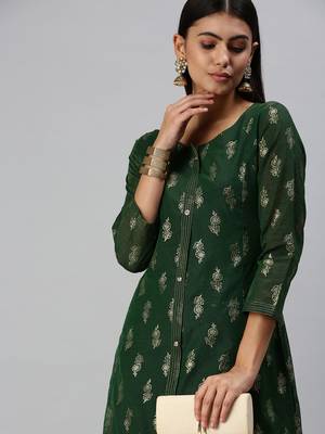 women's calf length round neck green floral straight kurta 1