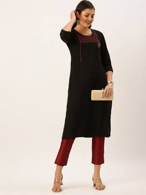 women's calf length round neck black solid straight kurta 5