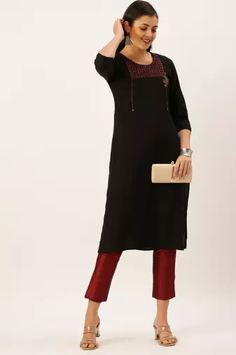 women's calf length round neck black solid straight kurta