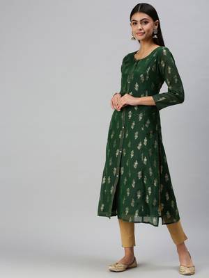 women's calf length round neck green floral straight kurta 2