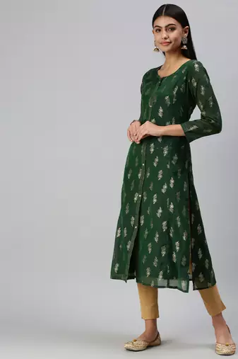 women's calf length round neck green floral straight kurta