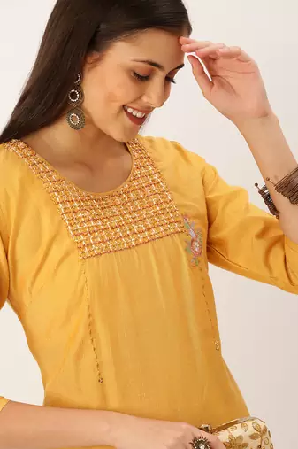 women's calf length round neck mustard solid straight kurta