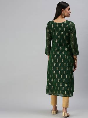 women's calf length round neck green floral straight kurta 3