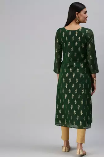 women's calf length round neck green floral straight kurta