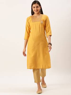 women's calf length round neck mustard solid straight kurta 3