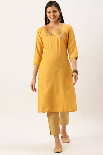 women's calf length round neck mustard solid straight kurta