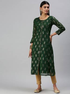 women's calf length round neck green floral straight kurta 4