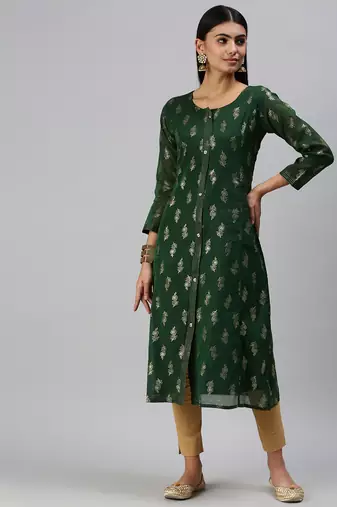 women's calf length round neck green floral straight kurta