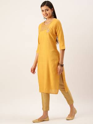 women's calf length round neck mustard solid straight kurta 4