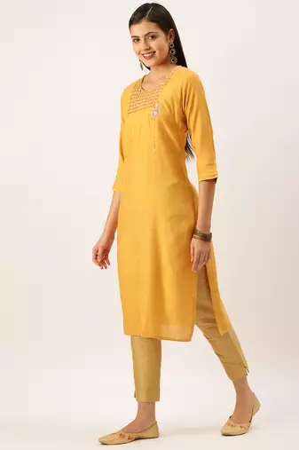 women's calf length round neck mustard solid straight kurta