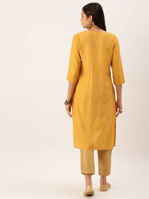 women's calf length round neck mustard solid straight kurta 5