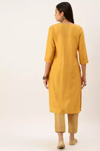 women's calf length round neck mustard solid straight kurta