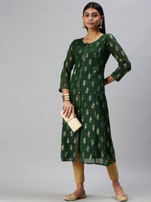 women's calf length round neck green floral straight kurta 5