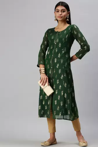 women's calf length round neck green floral straight kurta