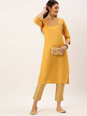 women's calf length round neck mustard solid straight kurta 1