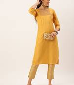 women's calf length round neck mustard solid straight kurta