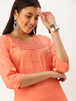 women's calf length round neck orange solid straight kurta 1