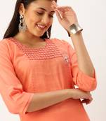 women's calf length round neck orange solid straight kurta