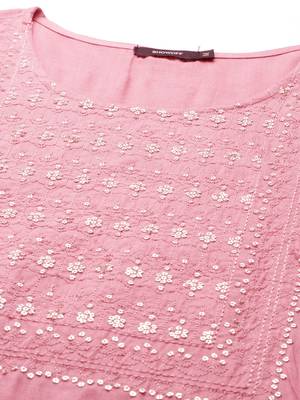 women's calf length round neck pink solid straight kurta 2