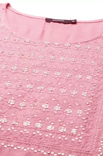 women's calf length round neck pink solid straight kurta
