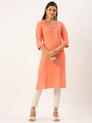 women's calf length round neck orange solid straight kurta 2