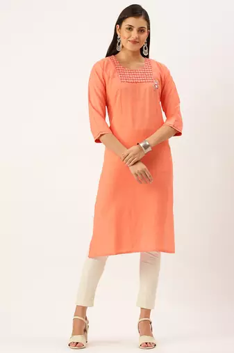 women's calf length round neck orange solid straight kurta
