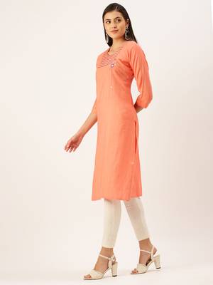 women's calf length round neck orange solid straight kurta 3