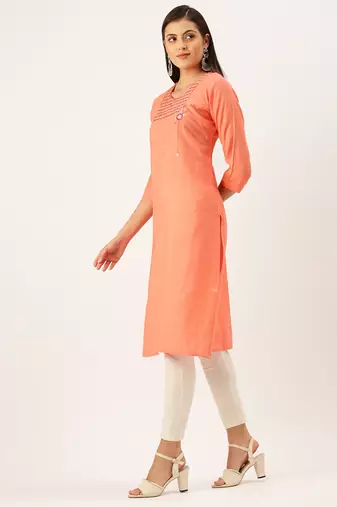 women's calf length round neck orange solid straight kurta
