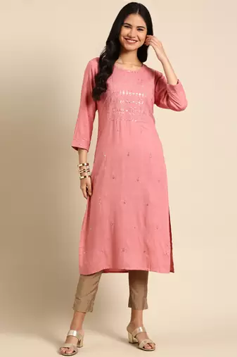 women's calf length round neck pink solid straight kurta