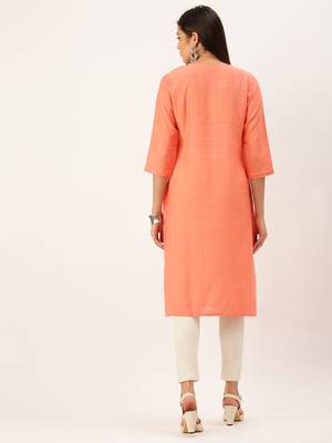 women's calf length round neck orange solid straight kurta 4