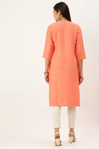 women's calf length round neck orange solid straight kurta