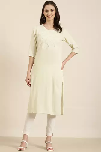 women's calf length round neck cream solid straight kurta