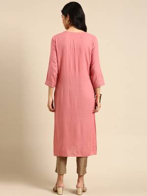 women's calf length round neck pink solid straight kurta 5