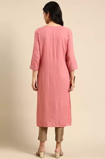 women's calf length round neck pink solid straight kurta