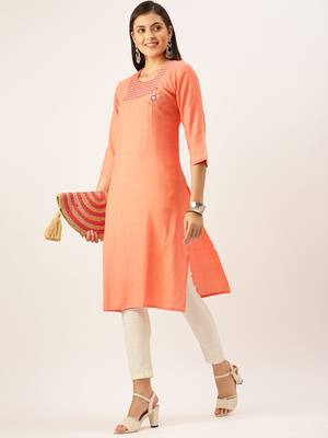 women's calf length round neck orange solid straight kurta 5