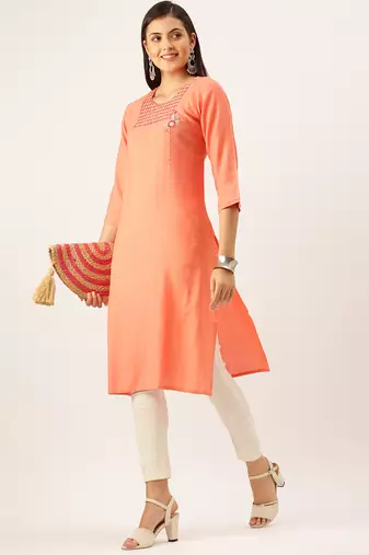 women's calf length round neck orange solid straight kurta