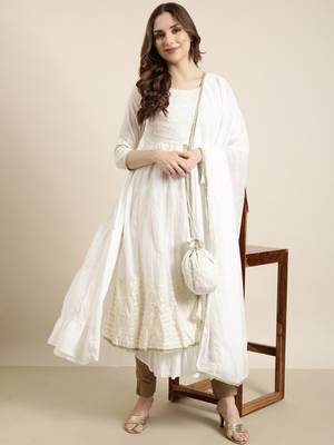 women's calf length round neck off white embellished anarkali kurta comes with duppatta 1