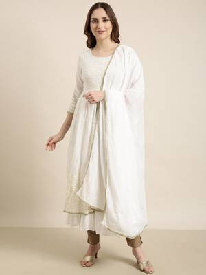 women's calf length round neck off white embellished anarkali kurta comes with duppatta 2