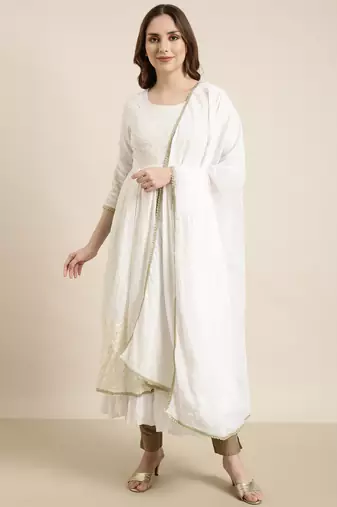 women's calf length round neck off white embellished anarkali kurta comes with duppatta
