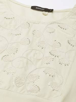 women's calf length round neck cream solid straight kurta 3