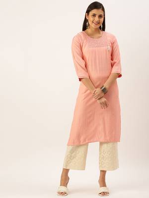 women's calf length round neck peach solid straight kurta 2