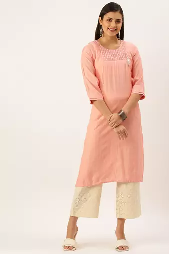 women's calf length round neck peach solid straight kurta