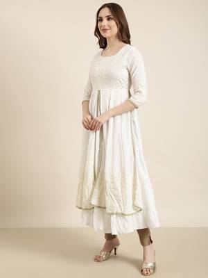 women's calf length round neck off white embellished anarkali kurta comes with duppatta 3