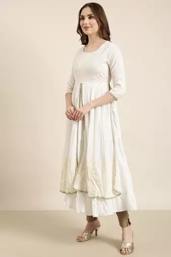 women's calf length round neck off white embellished anarkali kurta comes with duppatta