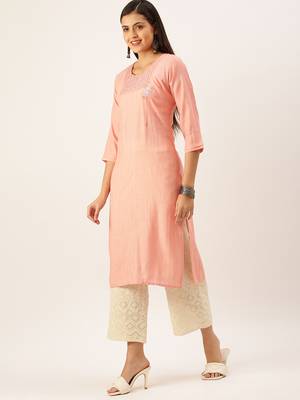 women's calf length round neck peach solid straight kurta 3