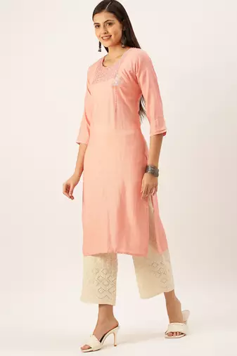 women's calf length round neck peach solid straight kurta