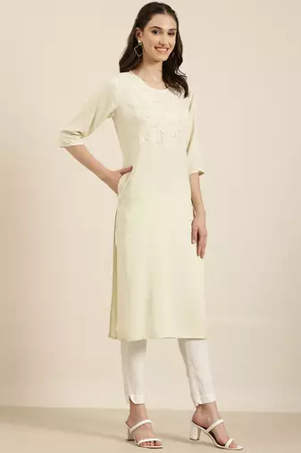 women's calf length round neck cream solid straight kurta