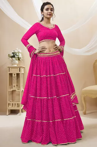 Pretty Pink Laheriya Print Georgette Wedding Lehenga Choli