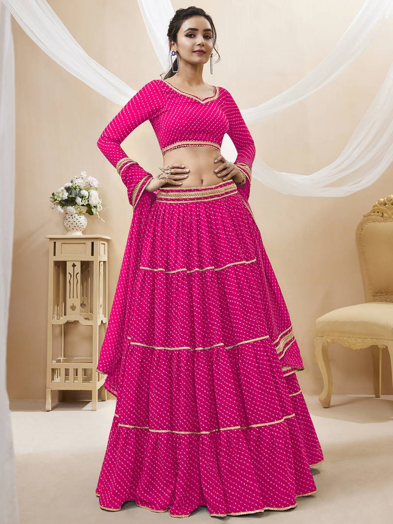 Pretty Pink Laheriya Print Georgette Wedding Lehenga Choli